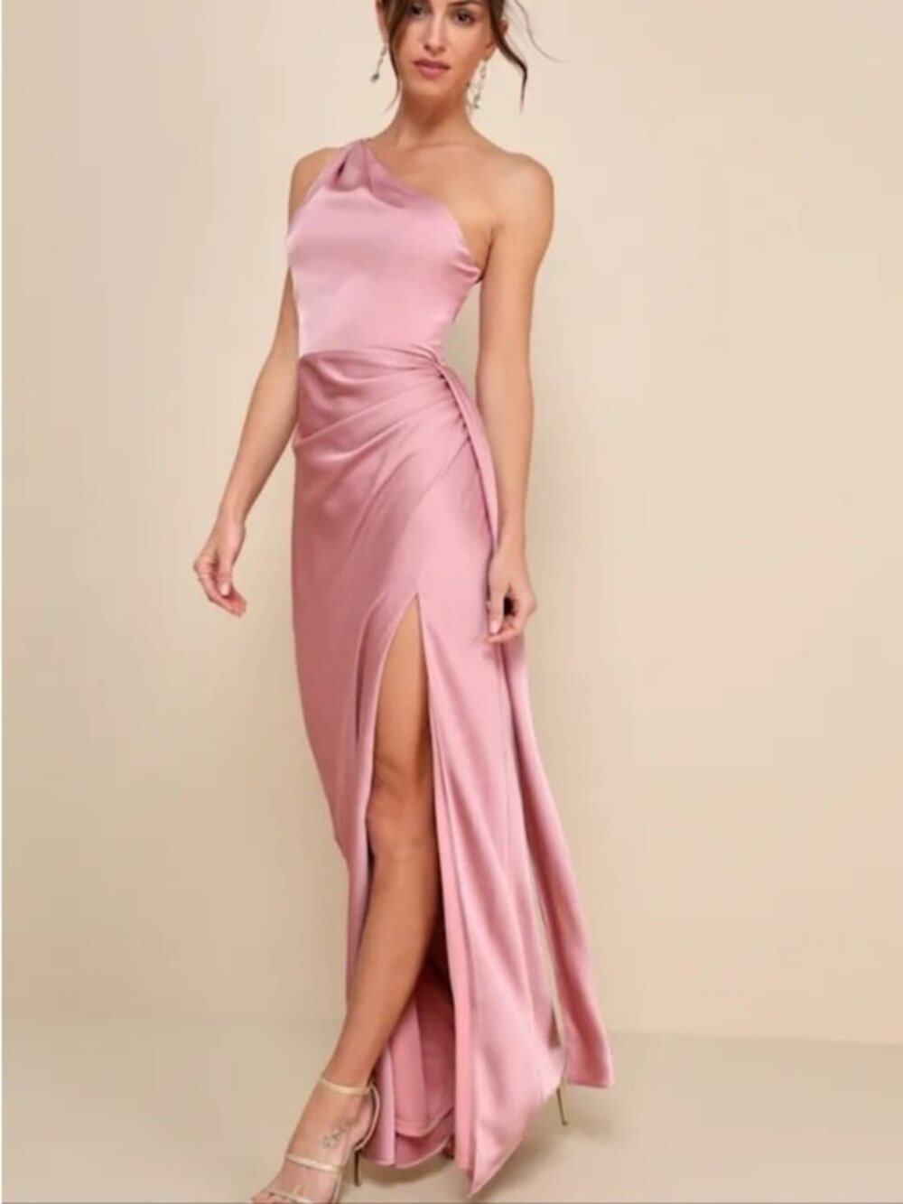 Lulus Signature Elegance Rose Satin One-Shoulder Maxi Dress New Medium